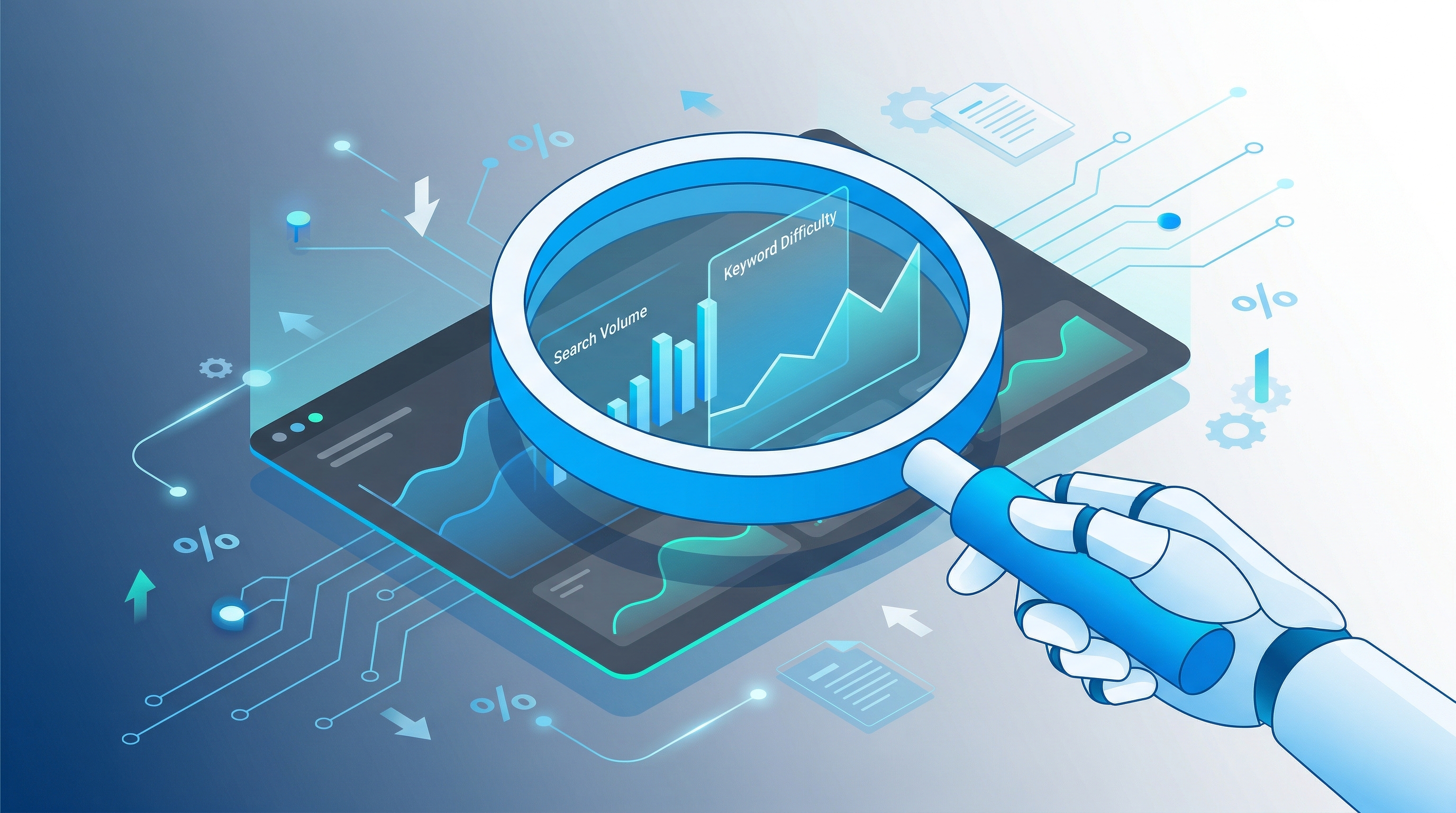 Illustratie van keyword research met zoekdata en grafieken