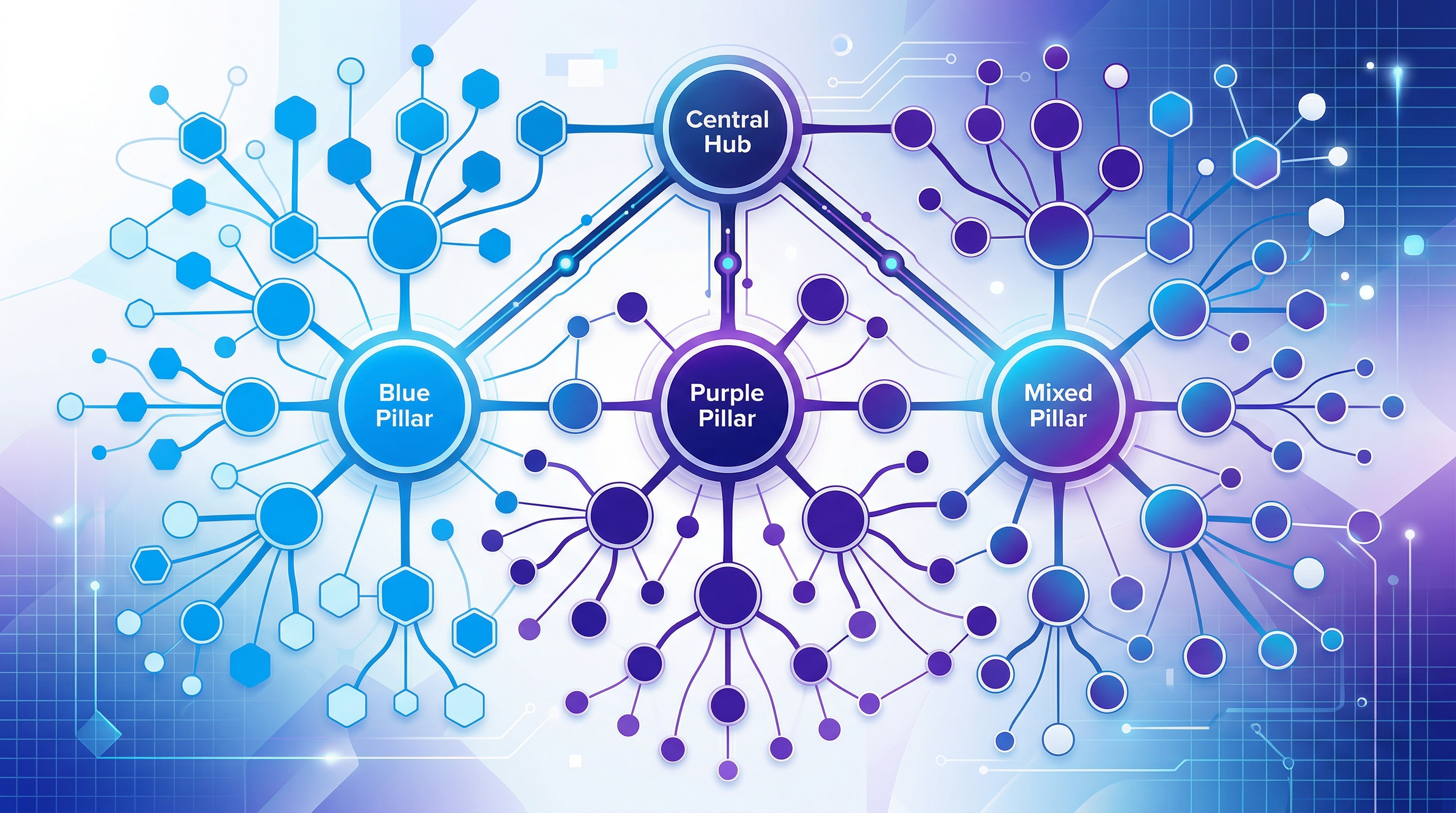 Illustratie van topical clusters met verbonden pillar paginas